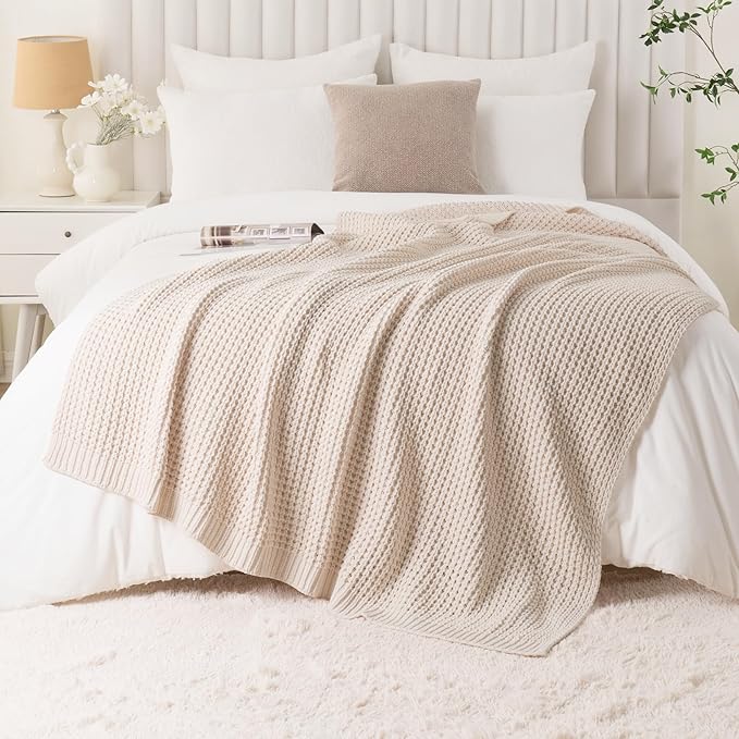 Bunnikins & Clover Cream White Throw Blanket for Couch, Waffle Ivory Throw Blanket for Bed, Warm Decorative White Blanket Throw for Home Decor, 50"x60"