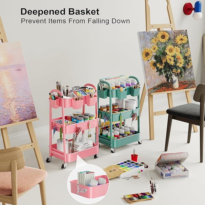 Green 3 Tier Rolling Cart Metal with Lockable Wheels, Three Tiered Craft Cart Organizer on wheels, Utility Storage Carts for Art, Baby Supplies, Diaper Caddy, Snack, Pantry, Nail, Lash, Cleaning
