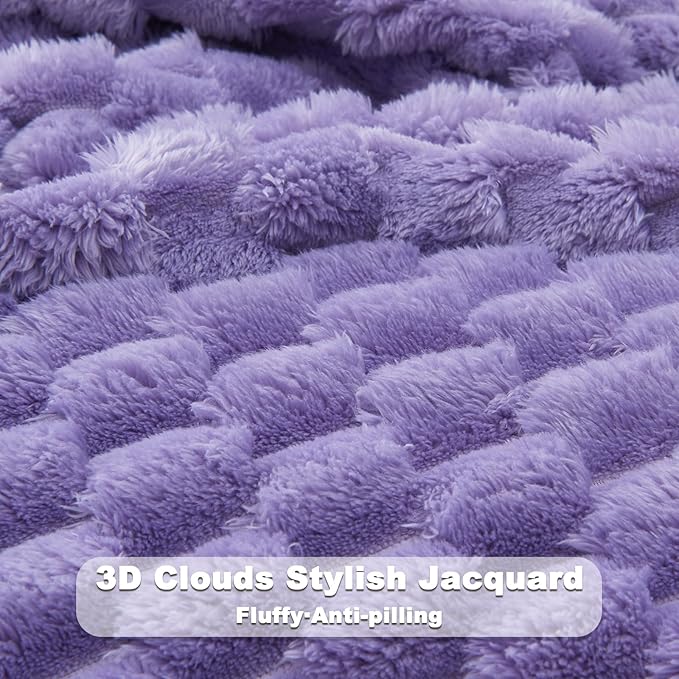 NEWCOSPLAY Super Soft Queen Blanket Lavender Premium Silky Flannel Fleece 3D Clouds Stylish Jacquard Lightweight Bed Blanket All Season Use 350GSM (Lavender, Queen(90"x90"))