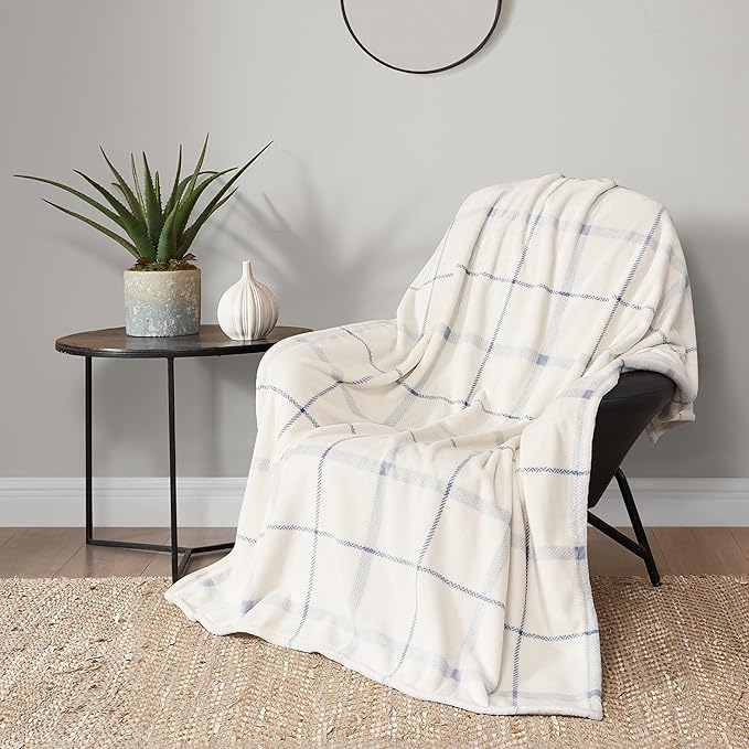 Lucky Brand Palmdale White with Light Blue Plaid 50"x70" Cozy Plush Blanket - Premium Microfiber Throw for Luxurious Comfort