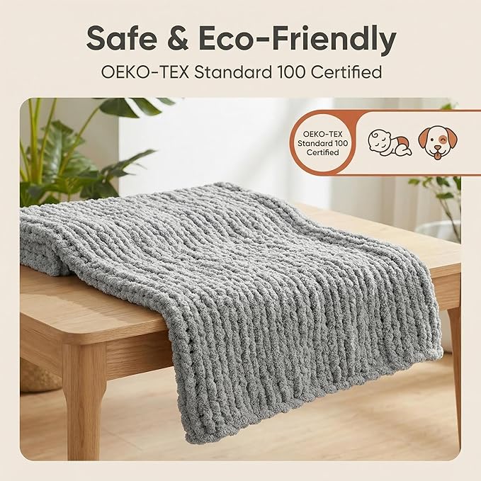 Amélie Home Chunky Knit Throw Blanket for Couch, Soft Chenille Crochet Blanket for Sofa, 50"x60", Light Grey