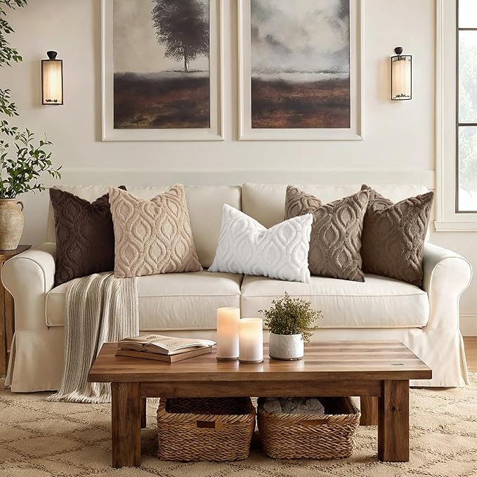decorUhome Throw Pillow Covers 18x18 Inch Set of 2, Soft Plush Faux Wool Light Khaki Solid Couch Pillow Covers, Accent Farmhouse Neutral Square Pillow Cases for Sofa Bed Living Room