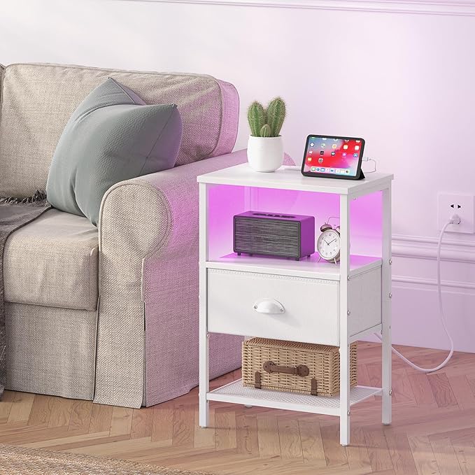 Nightstands Set of 2, LED Night Stands with Charging Station and Fabric Drawer, Bedside Tables with Drawers, 2- Tier LED Side Table End Table Charging Station Livingroom Bedroom, White
