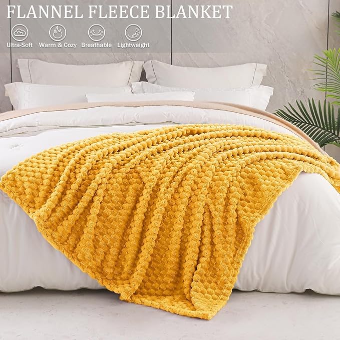 Exclusivo Mezcla Fleece Throw Blanket for Couch, Extra Large Fuzzy Mustard Yellow Bed Blankets, Soft Cozy Plush Sofa Throws for All Seasons, 50x60 Inches