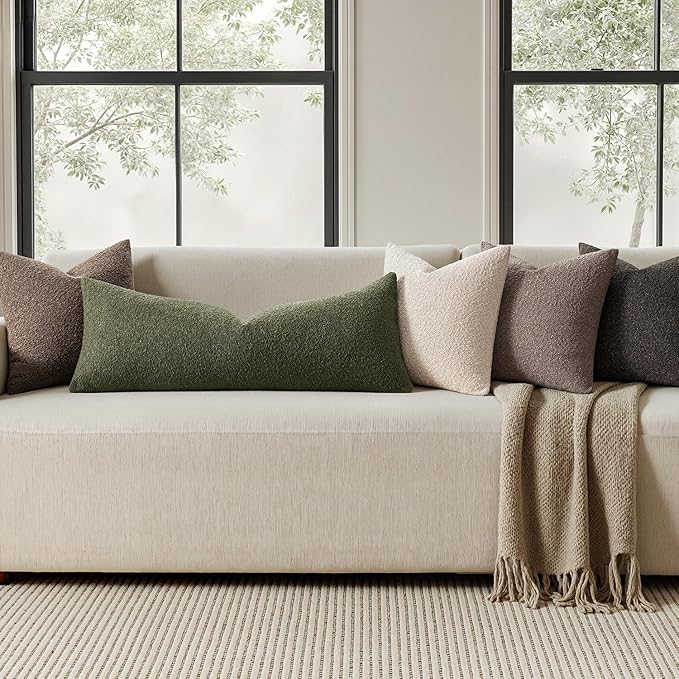 MIULEE Textured Boucle Throw Pillow Cover Olive Green Accent Solid Lumbar Pillow Case Spring Decorative Soft Pack of 1 Couch Cushion Chair Sofa Bedroom Livingroom Home Decor,36x14 Inch