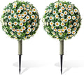 Set of 2 Artificial Topiary Ball Trees with White Mum for Outdoor with Ground Spike,22" UV Resistant Faux Boxwood Ball Tree, Fake Green Boxwood Plants for Garden, Yard, Porch, Patio Decor