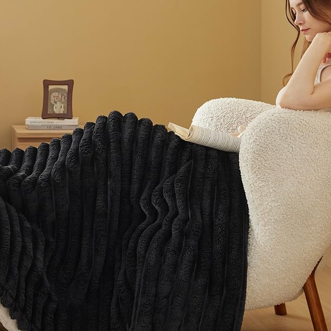 Bedsure Twin Blanket for Couch - 350GSM Super GentleSoft Fuzzy Fluffy Cozy Blankets for Women, Cute Small Plush Fleece Throws for Girls, Black，60x80 Inches, Wider Striped Design