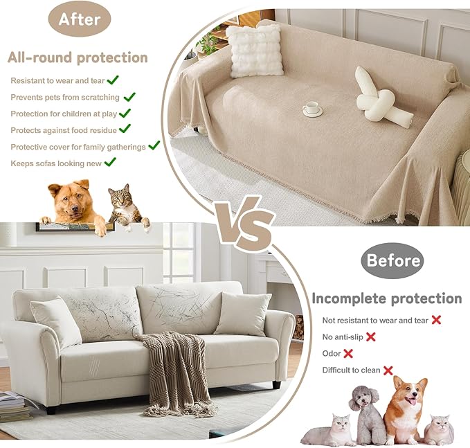 HANDONTIME Khaki Sofa Cover for Couch, Couch Slipcover with Non-Knot Tassels Sofa Cover for Dogs Washable, Simple Sofa Protector for Pets & Kids Chenille Cover Blanket Durable & Soft, 71"x134"