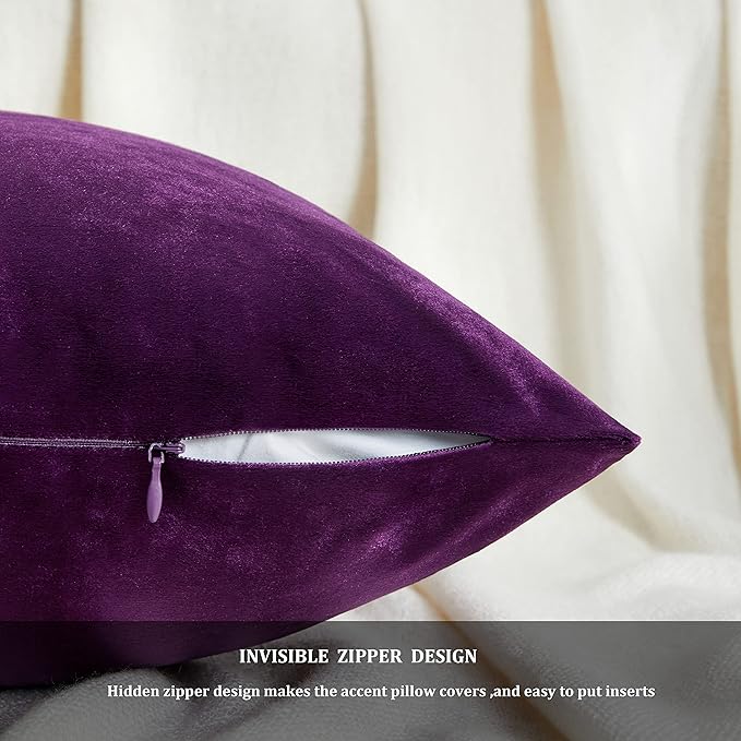 GIGIZAZA Purple Velvet Decorative Throw Pillow Covers Cushion Cover Set of 4 Luxury Pillow Cases for Sofa (18x18inch(45x45cm)-4pcs, Purple)