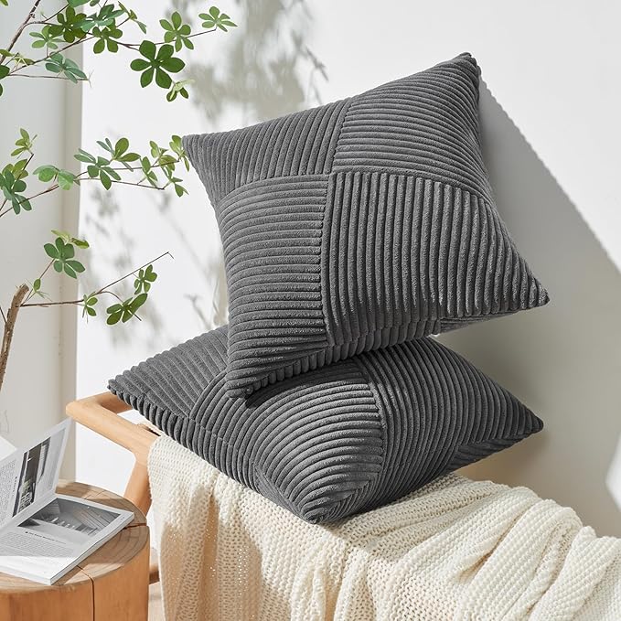 Topfinel Pack of 2 Decorative Throw Pillow Covers 18x18 Inch Soft Corduroy Boho Textured Striped Patchwork Pillow Covers Farmhouse Rustic Home Decor for Spring Sofa Living Room Couch Bed Darkgrey
