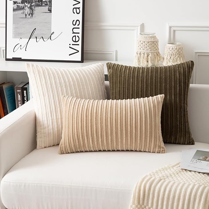UGASA Velvet 12x20 Inch Lumbar Soft Throw Pillow Cover Boho Farmhouse Decorative Corduroy Striped Both Sides Solid Rectangular Cushion Case for Couch Bedroom Sofa Home, 1 Piece, Olive Green