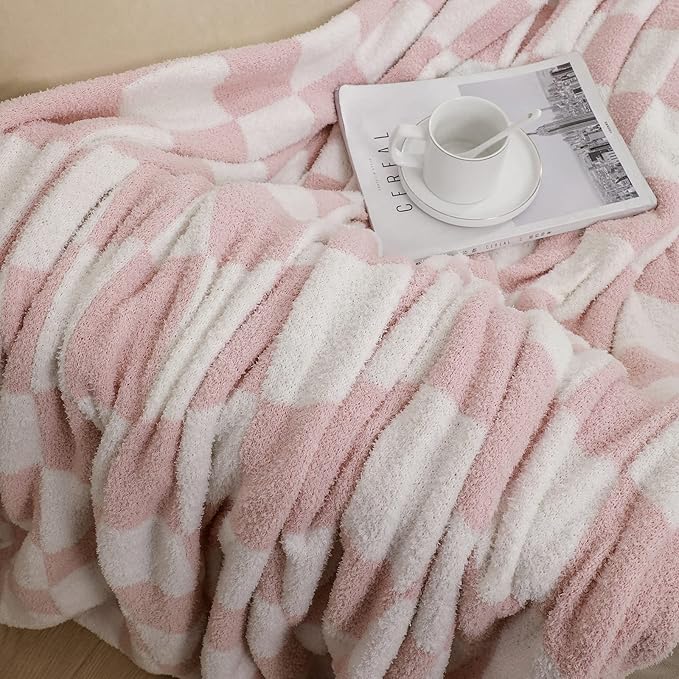 bearberry Fuzzy Checkerboard Grid Throw Blanket Soft Cozy Warm Microfiber Bed Blanket Decor for Couch Sofa Bed Travel Home (Pink, 60''x80'')