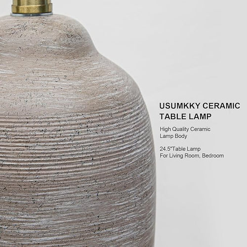 24.5" Handcrafted Ceramic Table Lamp with 5FT Cord, Single Farmhouse Vintage Rustic Bedside Lighting for Living Room Bedroom Entryway Linen Shade Nightstand End Table Decor (Bulb Not Included)