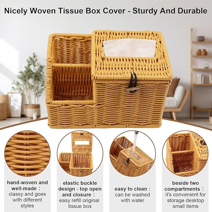 Square Tissue Box Cover with Storage, Multifunction Cube Tissue Box Holder, Farmhouse Wicker Remote Control Nightstand Organizer Caddy for Bathroom, Home, Office Decor, Kitchen Countertop