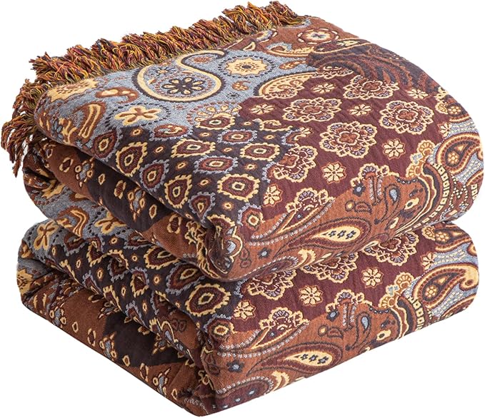 Boho Throw Blanket for Bed 60”x80”, 100% Cotton Woven Blanket for Couch Sofa, Ultra Soft 4-Layer Muslin Quilt with Patchwork Floral Printed, Farmhouse Bed Blanket/Cover for Living Room Decor