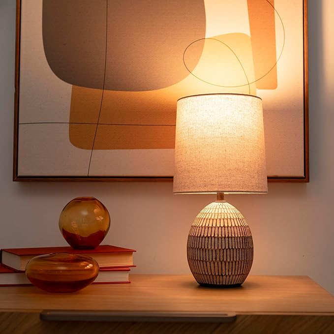 XTREME Ceramic Table Lamp with Shade, 12.75” inch Carved Textured Table Lamp, Brown Modern Lamp with Beige Shade, Small Bedside Lamp for Bedroom Nightstand, Living Room, Requires E26 Bulb