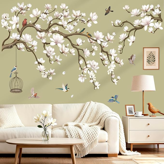 wondever Magnolia Flowers Tree Branch Wall Stickers White Floral Birds Peel and Stick Wall Art Decals for Living Room Bedroom Sofa