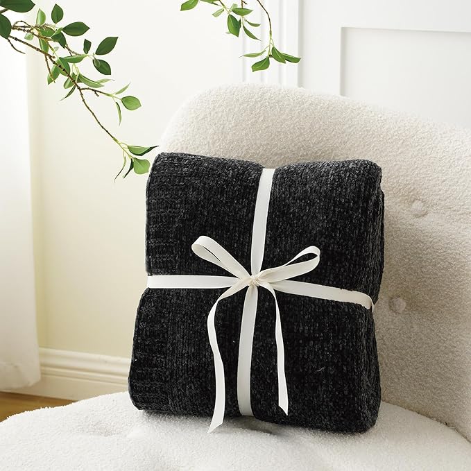 BATTILO HOME Black Throw Blanket for Couch, Woven Chenille Throw Blankets for Bed, Chair, Sofa, Black Knitted Blanket Cozy Soft Blanket, 51"x67"