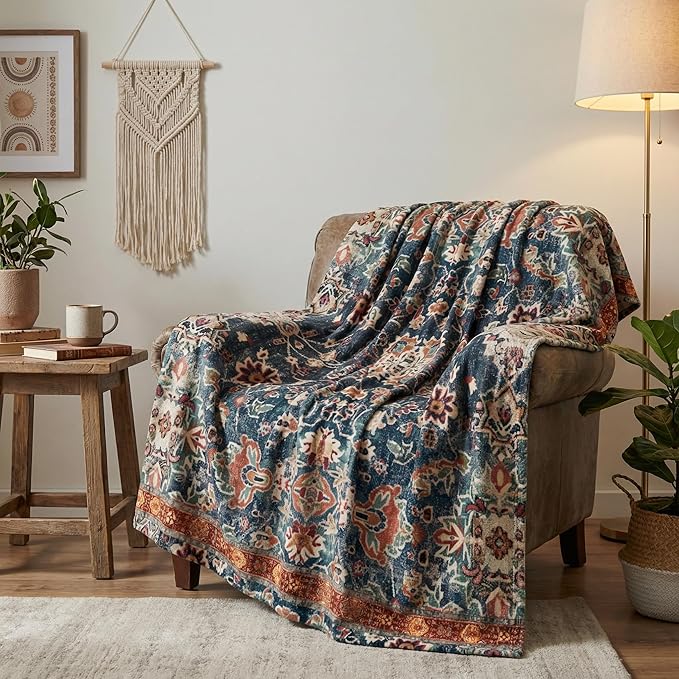 Horaldaily Boho Bohemia Style Blanket Throw, Vintage Country Rustic Farmhouse Soft Fuzzy Plush Faux Fur Cozy Blankets for Couch Sofa Bed Lounging, Ideal Gifts for Kids Adults Wife Self, 60x80