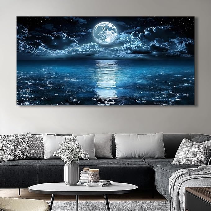 Big Moon Canvas Wall Art - Modern Seascape Paintings for Living Room, Bedroom Wall Decor, Framed Wall Art for Home or Office Decoration, Large Wall Art 48x24in