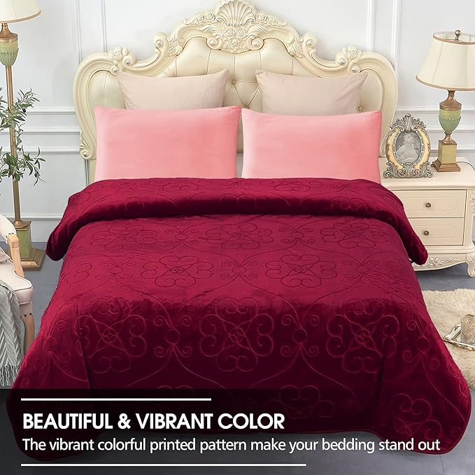 JYK Luxury Fleece Plush Blanket, Korean Mink, Queen 75" x 91" - Super Soft, Warm, Lightweight, Cozy Fuzzy Solid Color Embossed Fleece for Bed (Burgundy)