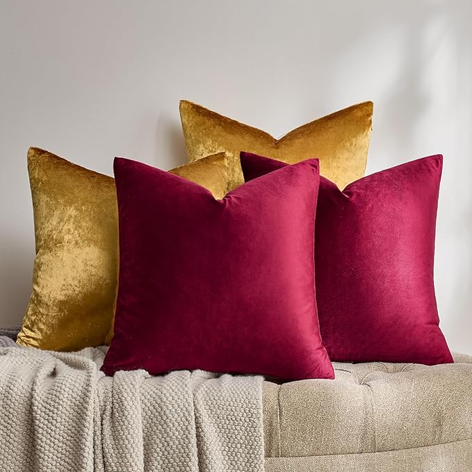 GIGIZAZA Burgundy Gold Pillow Covers: Decorative 18x18 Super Soft Throw Pillows Square Covers Pack of 4 - Velvet Elegant Solid Couch Cushion Covers for Living Room,Bedroom,Sofa,Christmas