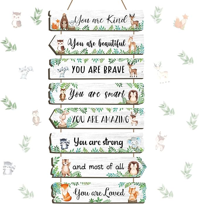 Inspirational Girl Room Decor Aesthetic Art Wall Hanging Sign Inspiring Colorful Rainbow Wooden Decoration for Kids Teens Toddler Boy Baby Bedroom Nursery Dorm Decor, 6-12 Years old (Woodland Animal)