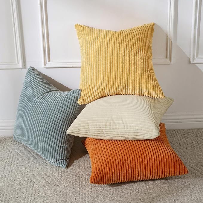 Volcanics Set of 4 Orange Teal Corduroy Decorative Couch Throw Pillow Covers 18x18 Inch, Western Modern Farmhouse Striped Cushion Cases, Soft Boho Square Accent Pillow Covers for Home Sofa