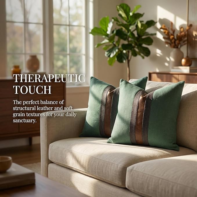 BOYSUM Set of 2 Leather Throw Pillow Covers Cotton Linen Decor Patchwork Pillow Cover Faux Leather Pillows Cover for Couch Sofa Living Room Bedroom,Grass Green 18"x18"