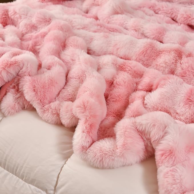 H&D Faux Fur Throw Blanket for Couch,Fluffy Cozy Soft Plush Luxury Thick Fuzzy Fleece Blanket for Couch Bed Sofa Bedroom Living Room,Comfy Bubble Blanket