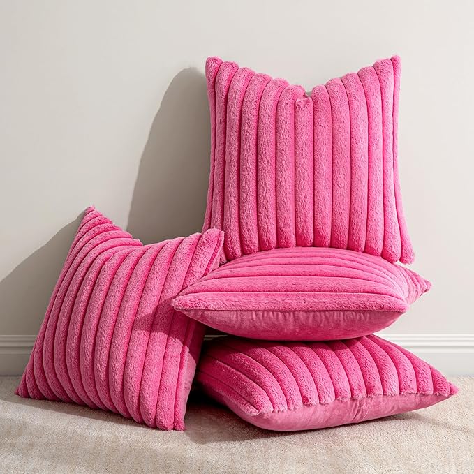 MIULEE Faux Fur Plush Decorative Throw Pillow Covers 18x18 Set of 4, Spring Modern Soft Fuzzy Striped Cushion Covers for Sofa Couch Bed Living Room Cozy Home Decor,Hot Pink
