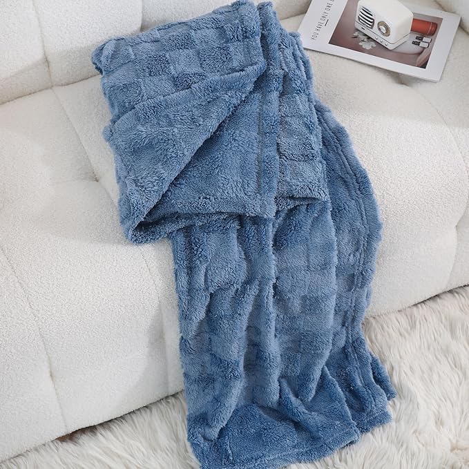 Dusty Blue Fleece Throw Blanket 60”×80” for Couch Sofa Bed,Super Soft Cozy Plush Microfiber Flannel Blanket with 3D Checkered Design Lightweight for Adults,Woman,Girls