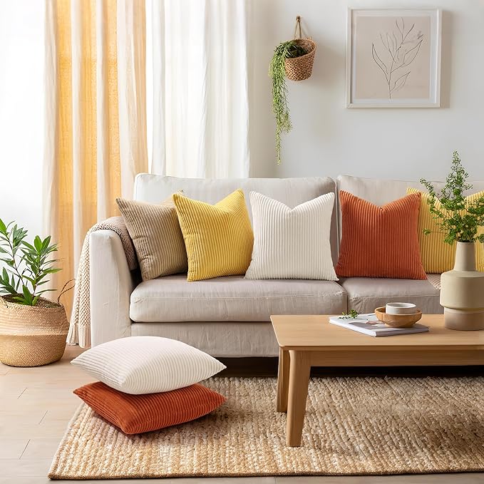 Mecatny Corduroy Decorative Fall Throw Pillow Covers 22x22 Set of 2 for Sofa Living Room, Soft Burnt Orange Neutral Boho Couch Pillow Covers for Home Decor, Rust