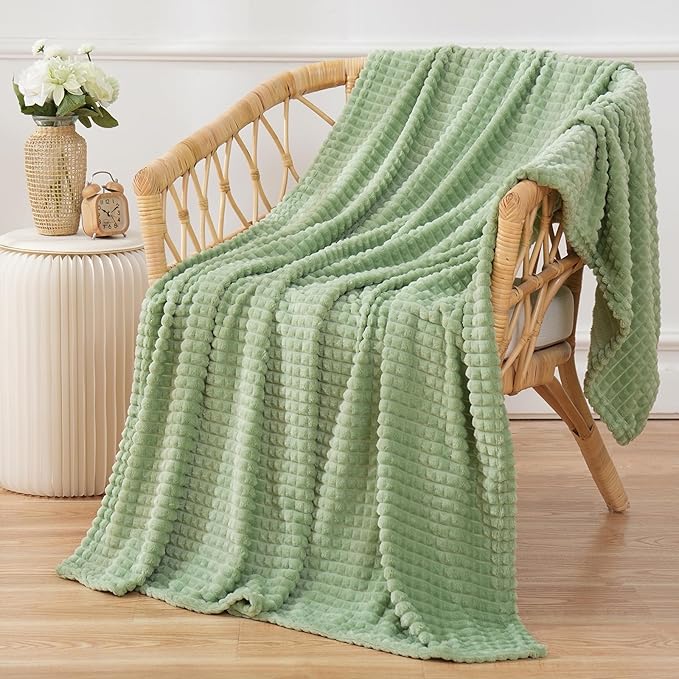 Puncuntex Flannel Fleece Throw Blanket Sage Green 50"×60",Super Soft Plush Cozy Blanket with Square Grid Design Luxury for Couch Sofa Chair