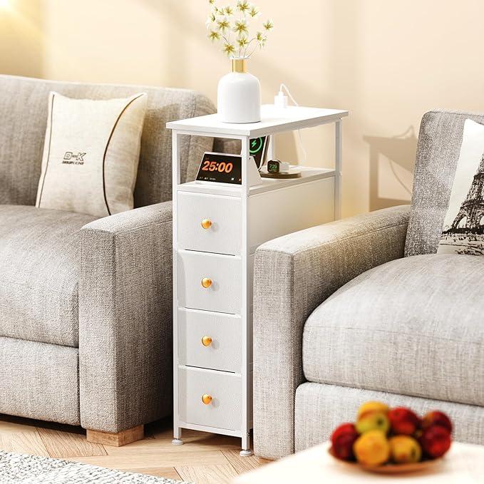 Narrow Bedside Table with USB Port, 4 Drawers Storage Cabinet, Nightstand with Power Socket, Suitable for Small Space Bedroom, Living Room, White