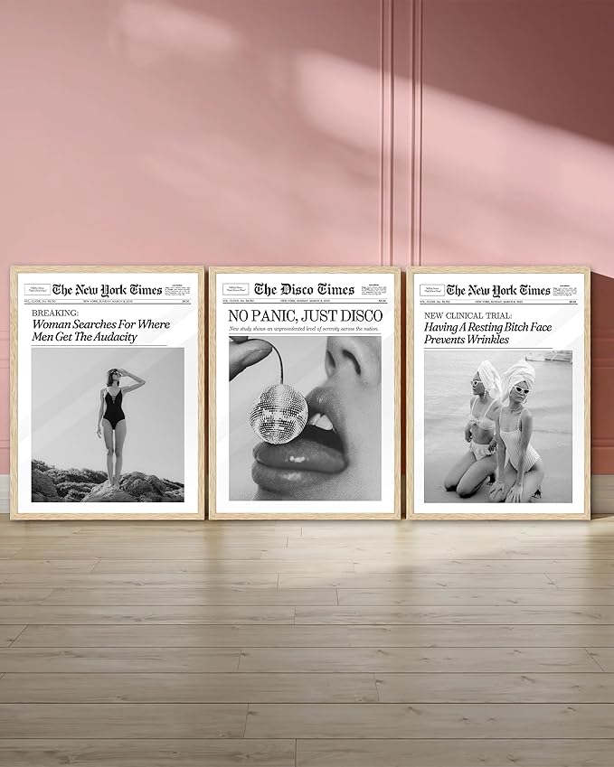 iHery No Panic Just Disco Framed Trendy NewsPaper Wall Art,Beige OAK Wood 12x16in Canvas Bedroom Wall Art, Cherry Disco Ball Headline Poster,Magazine Wall Decor For Dorm Living Room Home 1Pack