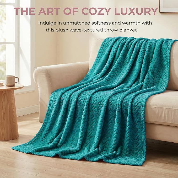 Exclusivo Mezcla Fleece Throw Blanket for Couch, Cozy Lightweight Blankets for All Season, Decorative Giftable Fuzzy Plush Wave Textured Throws for Women, Men, Teal, 50x70 Inches