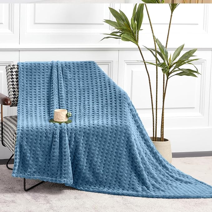 Soft Cozy Fuzzy Fleece Twin Blanket, Waffle Slate Blue, 60x80 Inches – Lightweight, Fluffy, and Warm 3D Jacquard All-Season Blanket for Couch, Bed, Sofa, Home Decor, Camping, and Travel