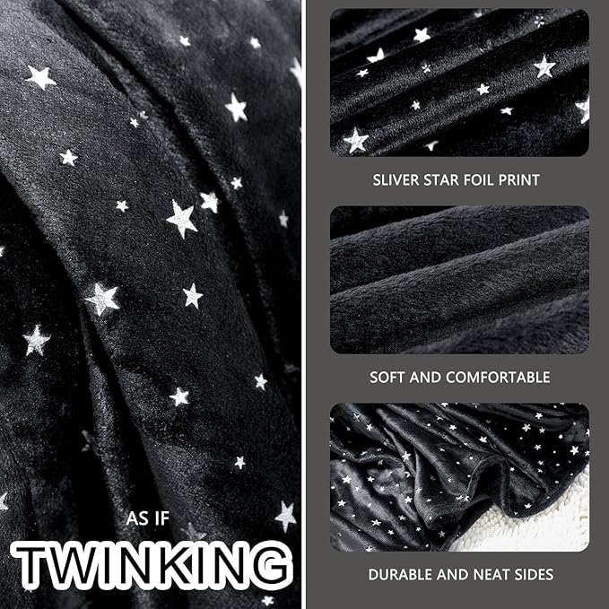 NANPIPER Fleece Blankets,Soft Fuzzy Star Foil Print Blanket,Luxury Cozy Microfiber Twin Size,65"x 80" Black
