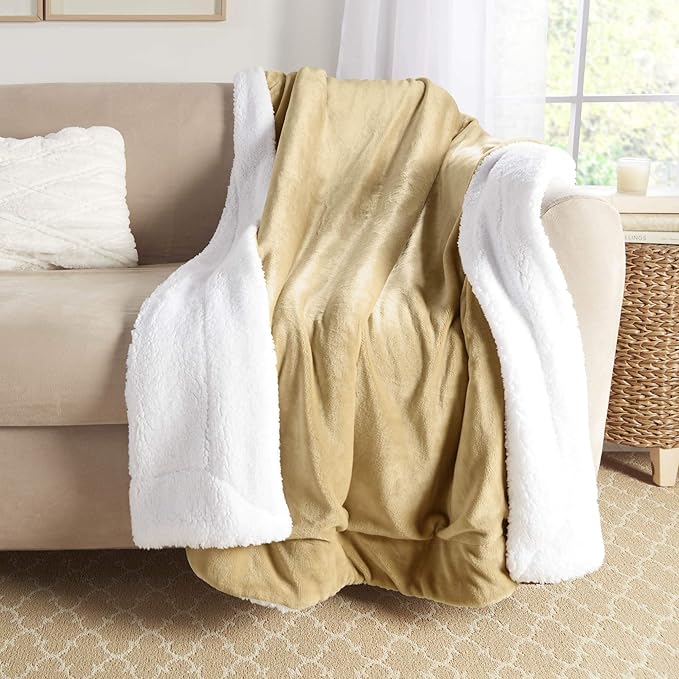Genteele Sherpa Throw Blanket Super Soft Reversible Ultra Luxurious Plush Blanket, 60 x 70 inches, Camel/White
