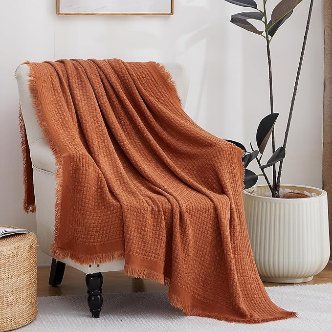 100% Acrylic Decorative Knitted Throw Blanket with Tassels for Bed, Couch, Small, Chairs, Lightweight, Soft, Cozy, Waffle Textured Blanket, Suitable for Spring, Summer, Rust, 50"x60"