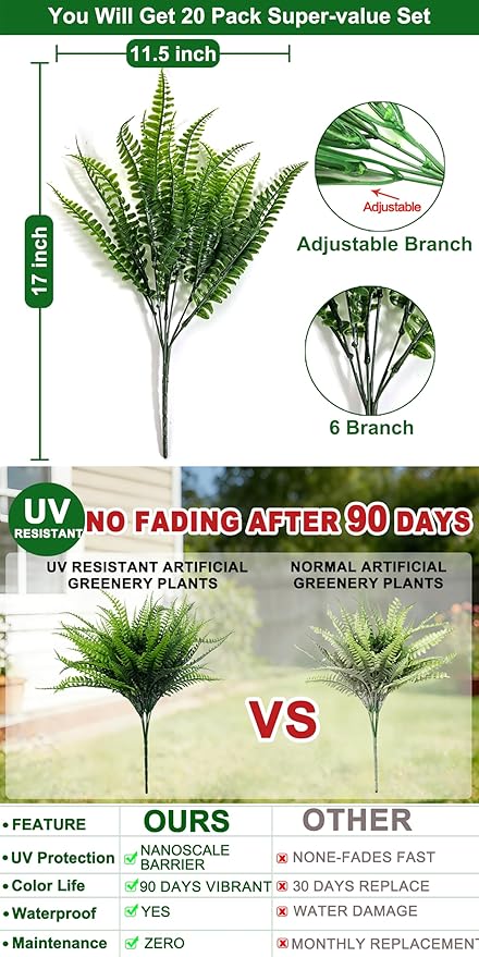 TURNMEON 20 Bundles Artificial Plants Outdoor Faux Boston Fern 17 Inch Long Length Summer Decor, Fake Plants UV Resistant No Fade Plastic Greenery Shrubs Flowers for Garden Porch Indoor Cemetery Decor