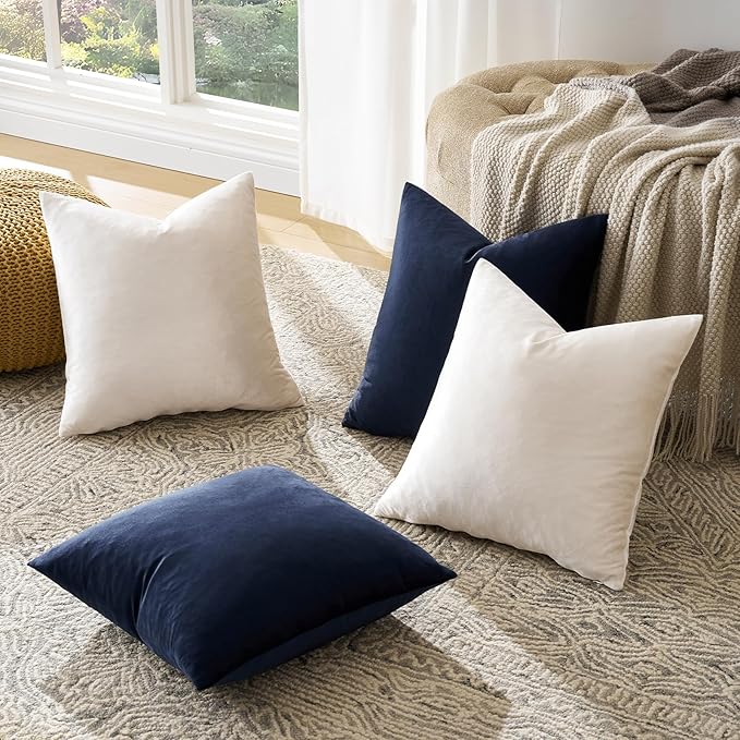 GIGIZAZA Decorative Velvet Pillow Covers - 18x18 Throw Pillows Soft Navy Blue Beige Covers Accent for Couch Living Room Bed Square Modern Luxury Cushion Covers Home Decor Set of 4