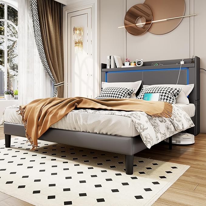 Queen Bed Frame with Headboard and Wheeled Nightstand, PU Leather Upholstered Platform Bed with LED&Charging Station for Bedroom, No Box Spring Needed, Noise Free, Suit for Couple/Single, Grey