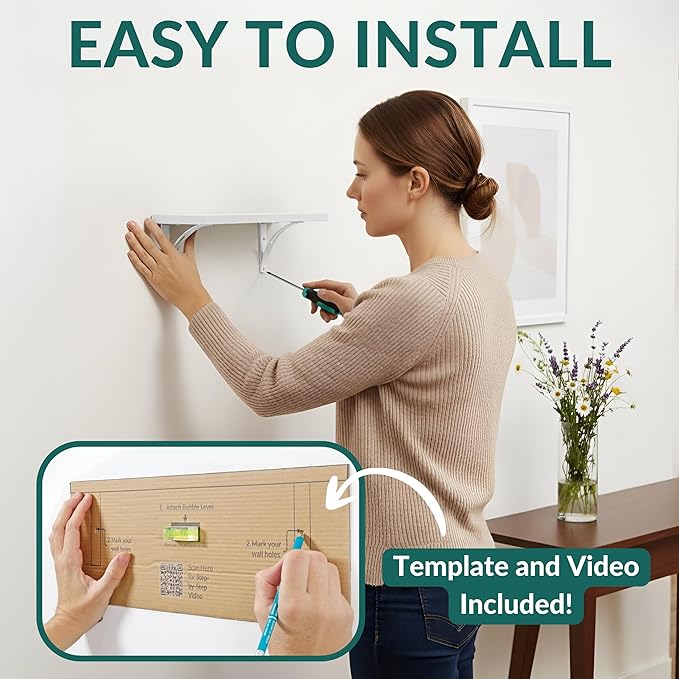Reinforced Steel Bracket White Shelves for Wall - Easy to Install, Template and Video Included - Shelf with Brackets, White Bookshelf for Wall, Bathroom Shelves, Farmhouse Decor