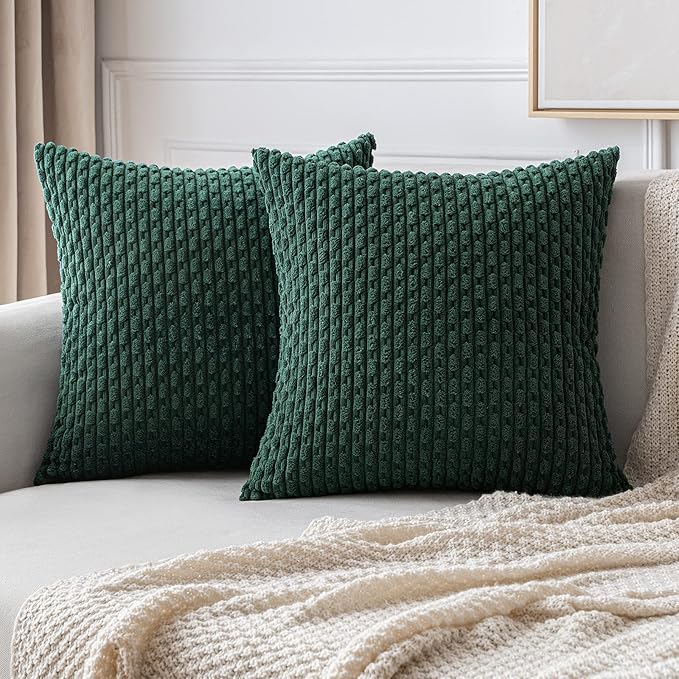 MIULEE Army Green Throw Pillow Covers Soft Corduroy Decorative Set of 2 Boho Striped Pillow Covers Pillowcases Farmhouse Home Decor for Couch Bed Sofa Living Room 18x18 Inch
