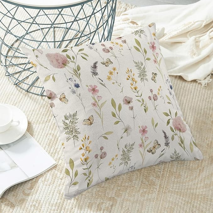 Spring Pillow Covers 24x24 Inch Set of 2, Sage Green Pink Wild Flower Throw Pillows Case,Colorful Seasonal Floral Plant Outdoor Decorative Farmhouse Decor Cushion Covers for Home Sofa Bed Couch