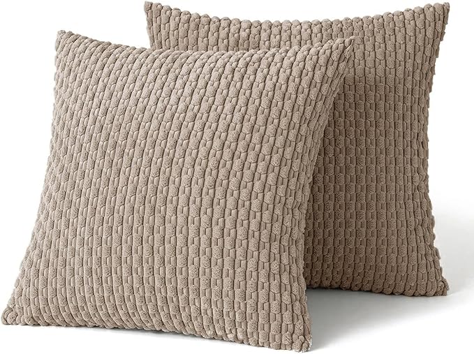 MIULEE Pack of 2 Decorative Throw Pillow Covers 18x18 Inch Soft Boho Striped Textured Corduroy Pillow Covers Modern Farmhouse Home Decor for Couch Bed Sofa Living Room Neutral Light Brown