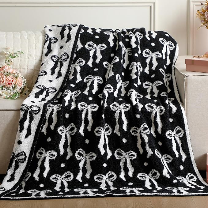 Buryeah Black Bow Blanket Soft Microfiber Double Sided Bow Throw Blanket 50"x 60" Coquette Aesthetic Plush Bedding Stuff Sofa Chair Dormitory Room Decor for Women, Wedding Bridesmaid Gifts, Mother