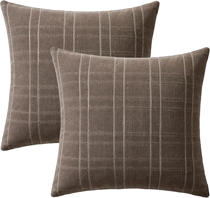 MIULEE Decorative Linen Check Throw Pillow Covers Neutral Farmhouse Vintage Pillow Covers 18x18 Set of 2 Boho Modern Winter Home Decor for Sofa Couch Bedroom Cushion Brown
